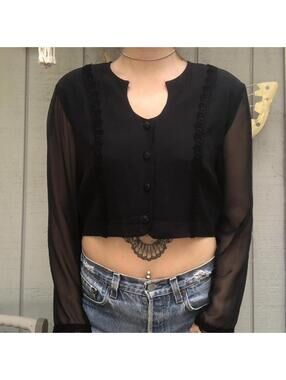 Vintage Onyx Lace and Satin Blouse Semisheer Button Up USA Sauci Club Going out